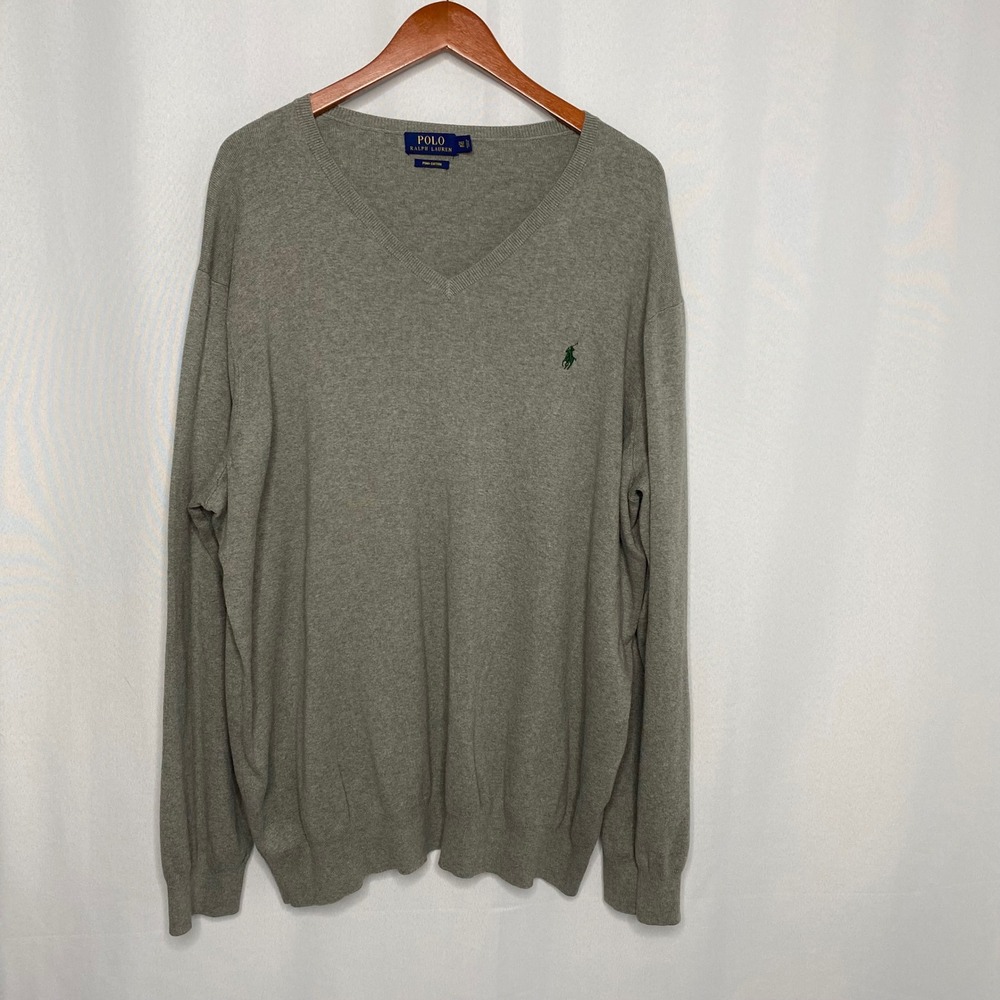 Polo Ralph Lauren Mens 2XLT Tall‎ Pima Cotton V-Neck Sweater Heather Green Grey